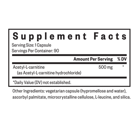 Supplement facts label for Acetyl-L-carnitine capsules on a white background
