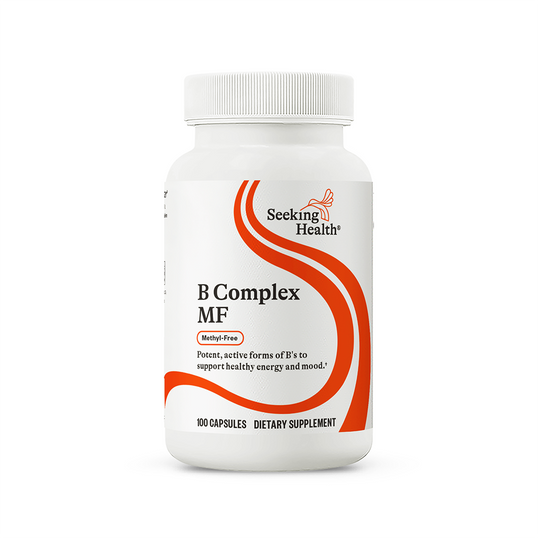 Supplement bottle labeled 'B Complex MF' by Seeking Health on a white background