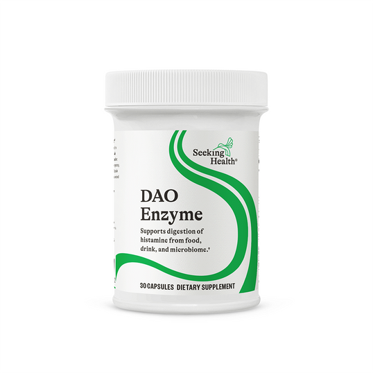 DAO Enzyme supplement container with Seeking Health branding on a white background