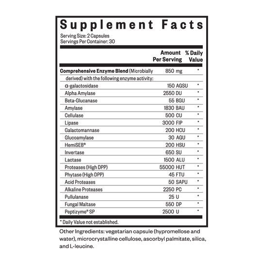 Supplement facts label for a Comprehensive Enzyme Blend on a white background