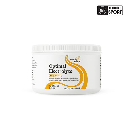 Optimal Electrolyte supplement container with Seeking Health branding on a white background