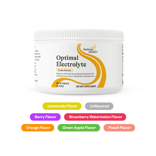 Container of Optimal Electrolyte supplement with flavor options on a white background