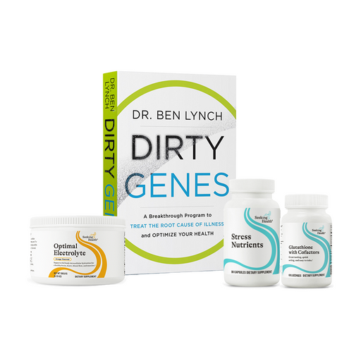 Supplement products and book titled 'Dirty Genes' by Dr. Ben Lynch on a white background