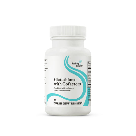 Supplement bottle labeled 'Glutathione with Cofactors' on a white background