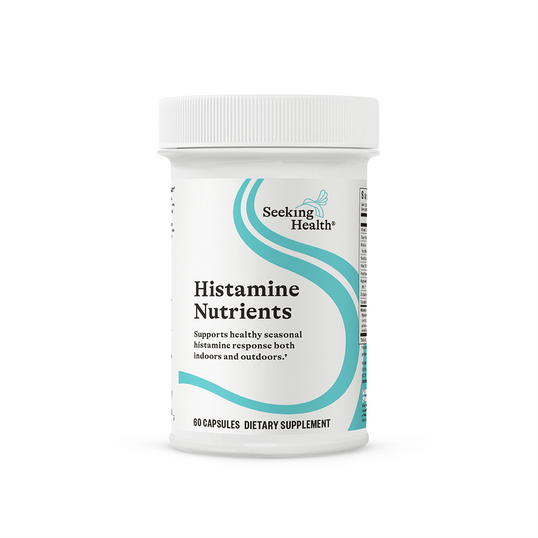 Supplement container labeled 'Histamine Nutrients' by Seeking Health on a white background