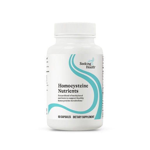 A white bottle of Seeking Health Homocysteine Nutrients dietary supplement with a white cap, shown on a clean white background.