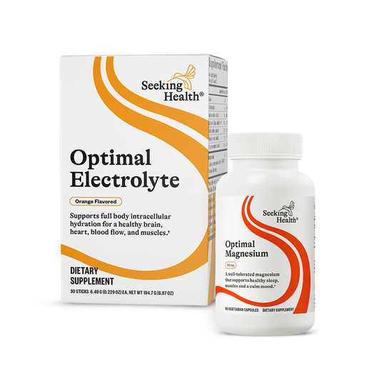 Seeking Health Optimal Electrolyte and Optimal Magnesium dietary supplement packaging on a white background