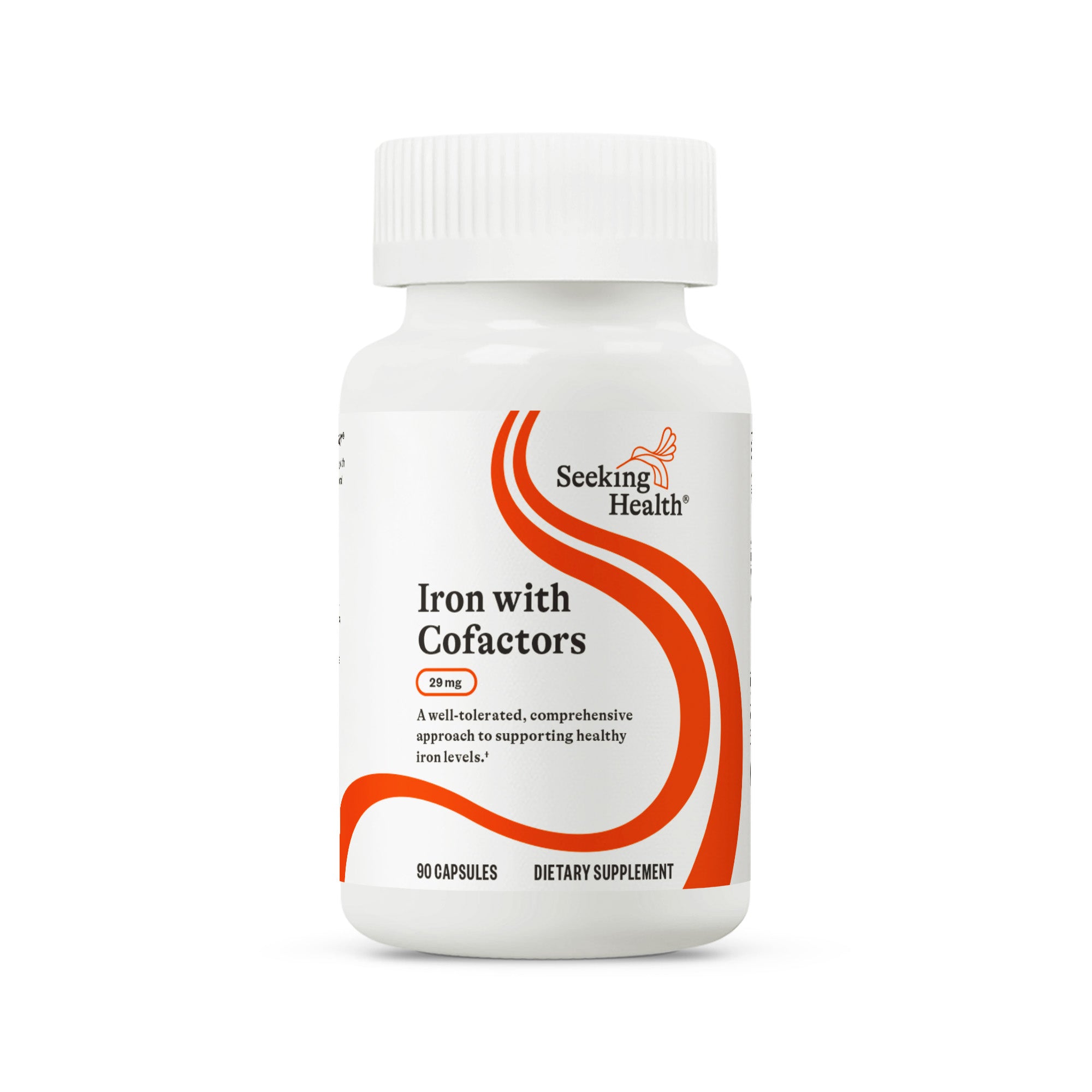 Supplement bottle labeled 'Iron with Cofactors' by Seeking Health on a white background