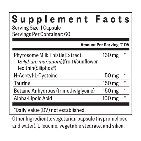 Supplement facts label with various ingredients and their amounts per serving.