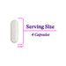 A single white capsule pill shown on a white background with pink and purple text reading 'Serving Size 4 Capsules' and '0.92"'.
