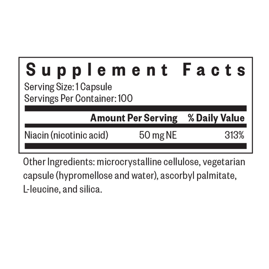 Supplement facts label for a capsule with niacin content on a white background