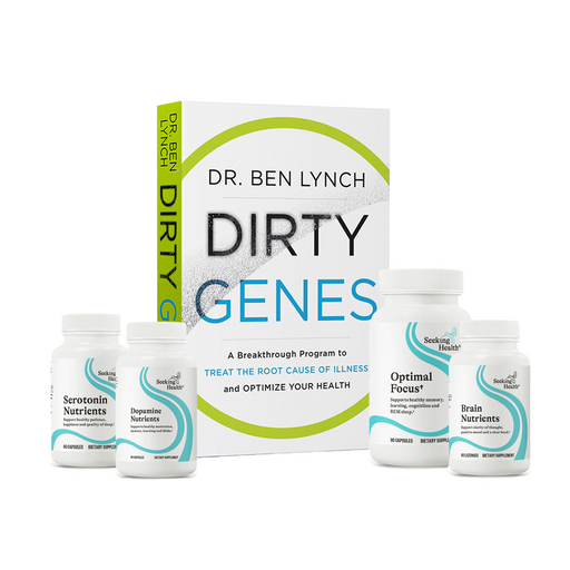 A collection of nootropic supplements, including Serotonin Nutrients, Dopamine Nutrients, Optimal Focus, and a book titled 'Dirty Genes' by Dr. Ben Lynch.