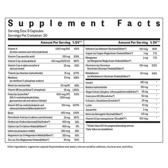 A Supplement Facts label showing a daily value and nutrient content table for a vegetarian capsule product, with a white background and black text.