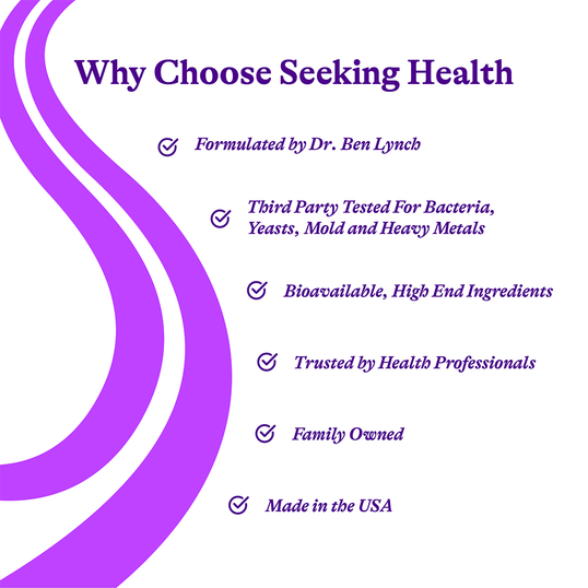 Promotional text about Seeking Health products with a purple and white design.