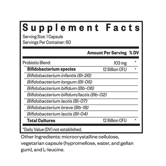 Supplement facts label for a probiotic product on a white background