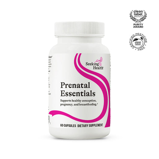 Supplement bottle labeled 'Prenatal Essentials' by Seeking Health on a white background