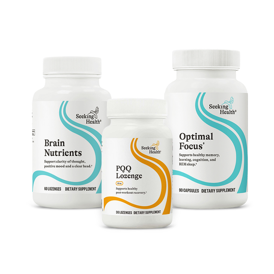 Three dietary supplement bottles labeled 'Brain Nutrients', 'PQQ Lozenge', and 'Optimal Focus' on a white background.