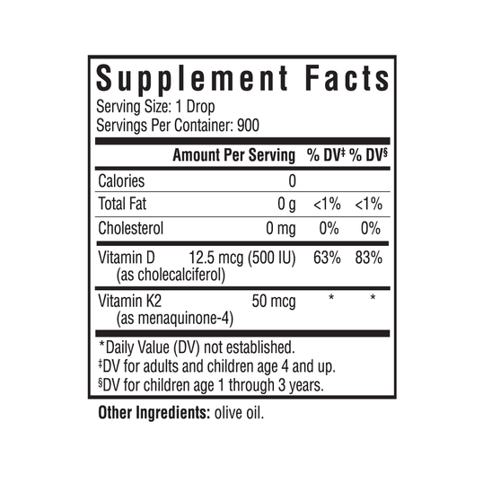 Supplement facts label with vitamins D and K2 on a white background