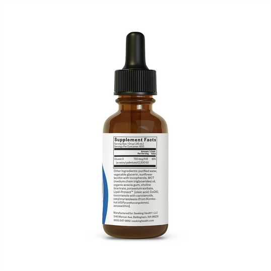 Brown glass bottle with dropper labeled 'Supplement Facts' on a white background