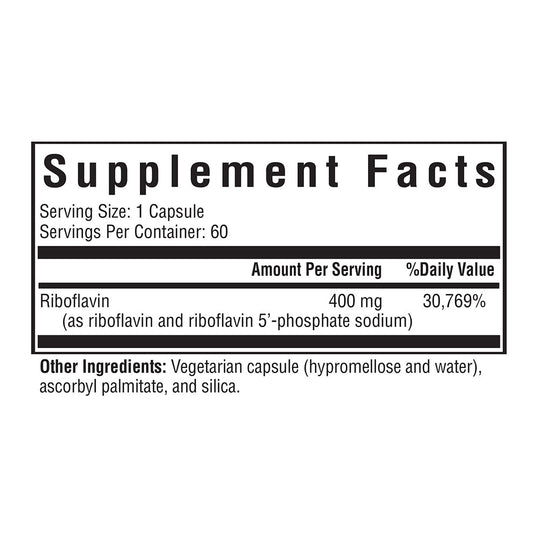 Nutrition facts of Riboflavin supplement.